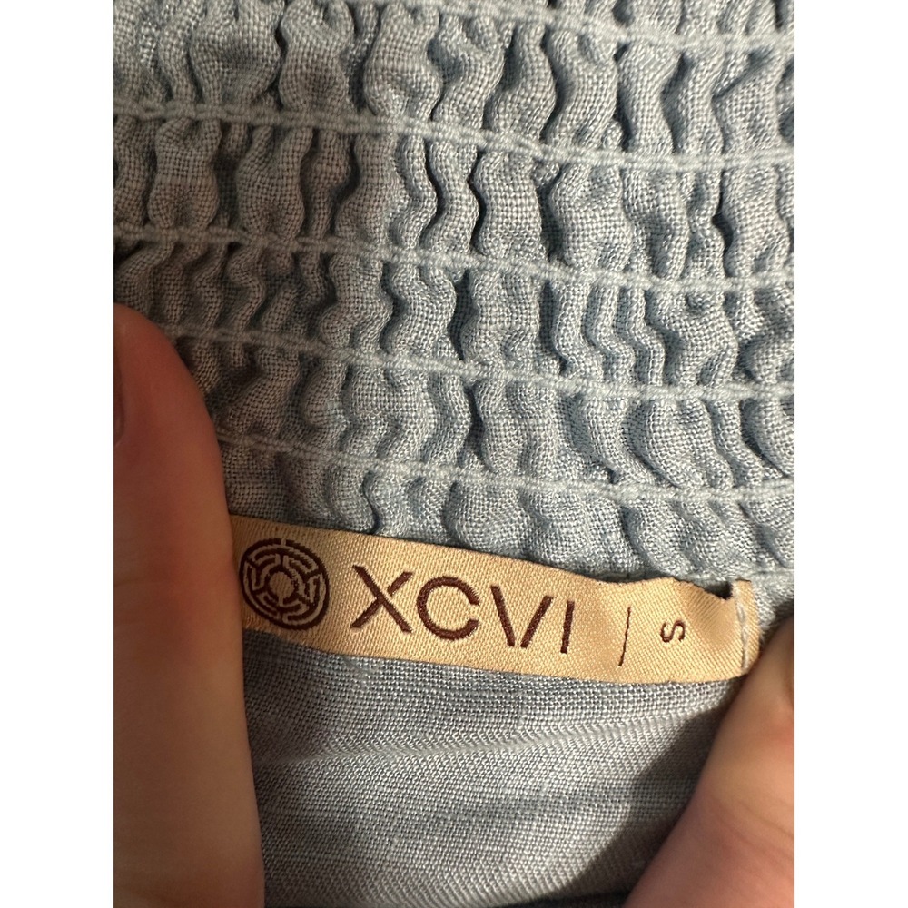 XCVI Midi Skirt 100% Linen Small Light Blue Smocked Frayed Hem Earthy Granola - Picture 7 of 9